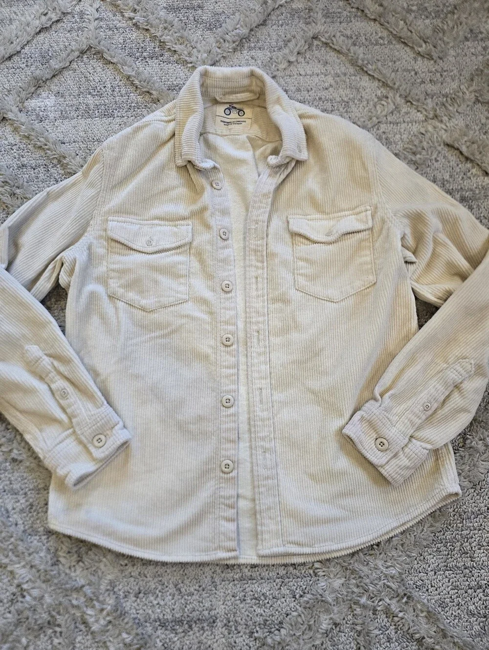 Mugsy Heavy Utility Corduroy Shirt Men Large Button Down Cream Long Sleeve Soft